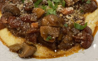 Slow-cooked Short Ribs with Mushroom Sauce on Creamy Polenta
